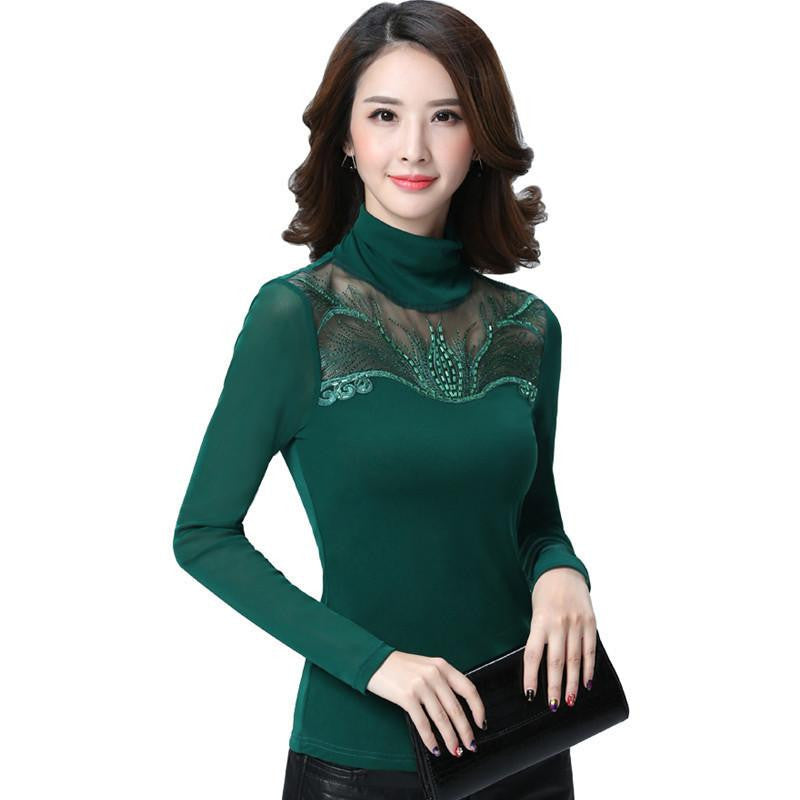 women lace tops Fashion Casual Long sleeved Women blouse shirt Turtleneck Diamonds lace shirt plus size