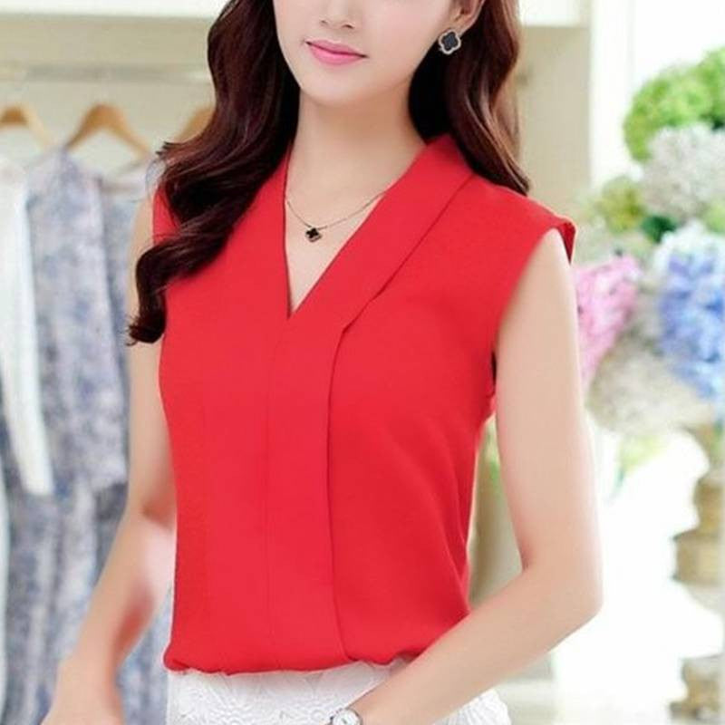 Fashion Women Chiffon Blouses Ladies Tops Female Sleeveless Shirt White,Red,Purple,Black S-XL