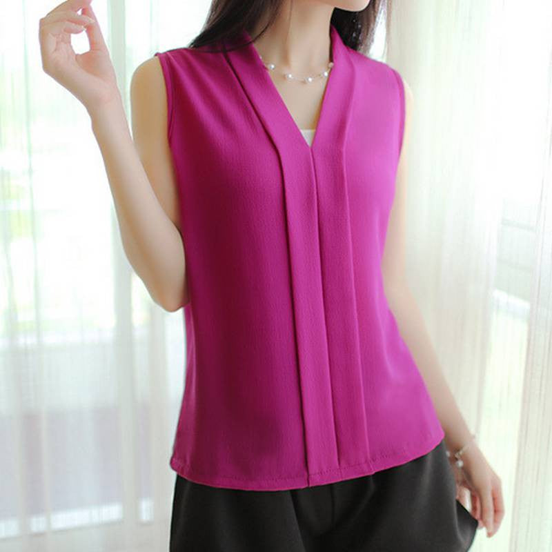 Fashion Women Chiffon Blouses Ladies Tops Female Sleeveless Shirt White,Red,Purple,Black S-XL
