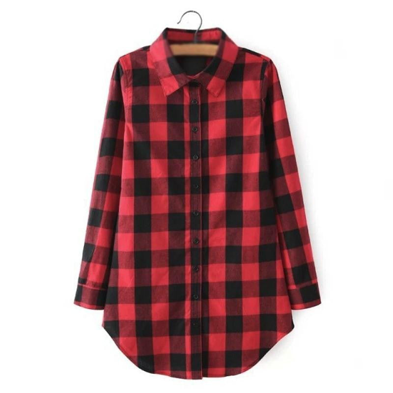 Women Style Plaid Casual Loose Long Shirts Ladies Long Sleeve Lapel Buttons Blouses Tops US Plus Size 4-22