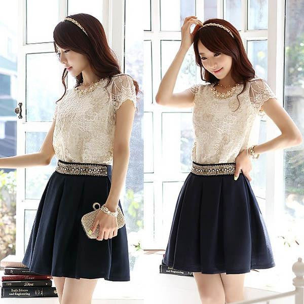 Women Lady Short Sleeve Chiffon Blouse Shirt Pearls Flower Neck Lace Top