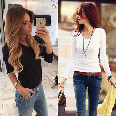 Online discount shop Australia - Fashion Women's Loose Long Sleeve Cotton Casual Blouse Tee Shirt Tops V-neck