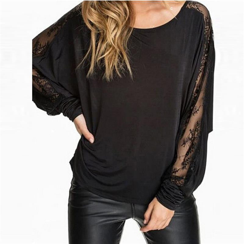 ZANZEA Women Batwing Long Sleeve Lace Patchwork Blouse Black Crochet Backless Tops Casual Loose Shirts