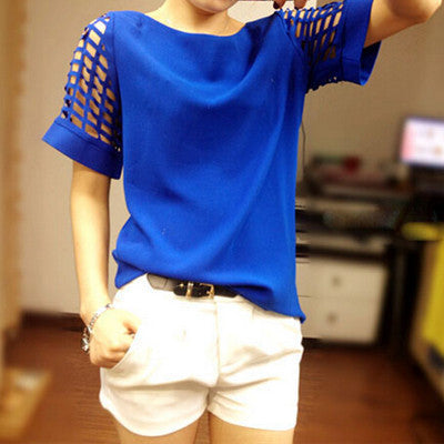 Fashion plus size Women Chiffon Blouses shirts O Neck Hollow out Short sleeve Solid Casual ladies Tops