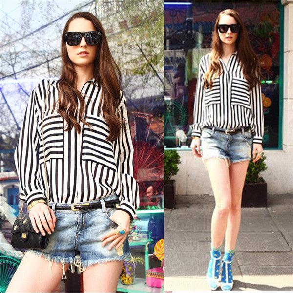 Online discount shop Australia - Lady Chiffon Blouse Tops Long Sleeve Vertical Striped Button Down Shirt S M L