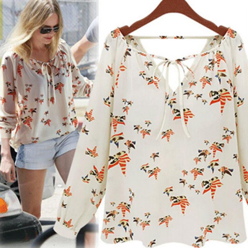 Women Fashion Chiffon Top Blouse Short Long Sleeve Dove Print Casual Loose Shirt