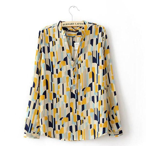 Women's Shirts Tops Turn-down Collar Geometric Print Long Sleeve Career Blouse