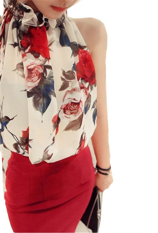 Online discount shop Australia - Add Two Colors Women Shirts European  Flowers Print Halter Sleeveless Ruffled Neck Blouse Women Elegant Tops T57240