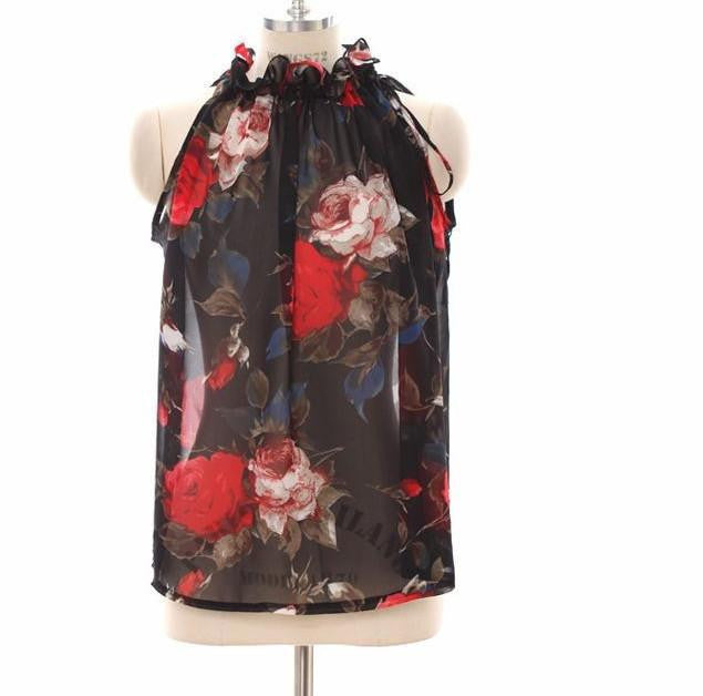 Online discount shop Australia - Add Two Colors Women Shirts European  Flowers Print Halter Sleeveless Ruffled Neck Blouse Women Elegant Tops T57240