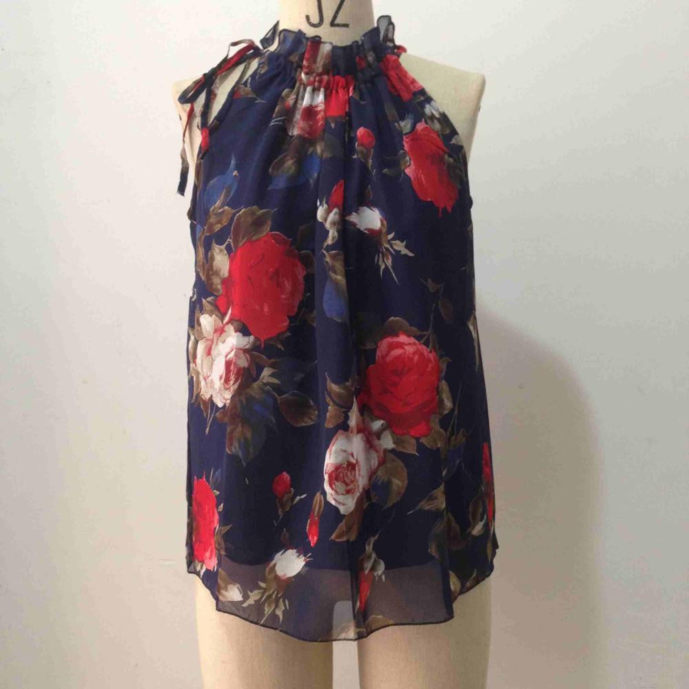 Online discount shop Australia - Add Two Colors Women Shirts European  Flowers Print Halter Sleeveless Ruffled Neck Blouse Women Elegant Tops T57240