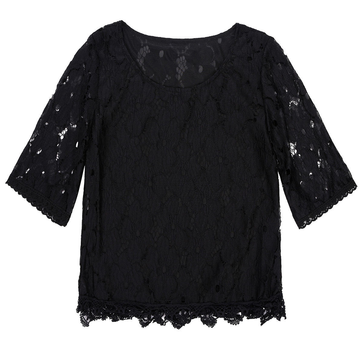 Plus Size Women Loose O-neck Chiffon Shirt Style Female Sweet Lace Blouse Half Sleeve White Black