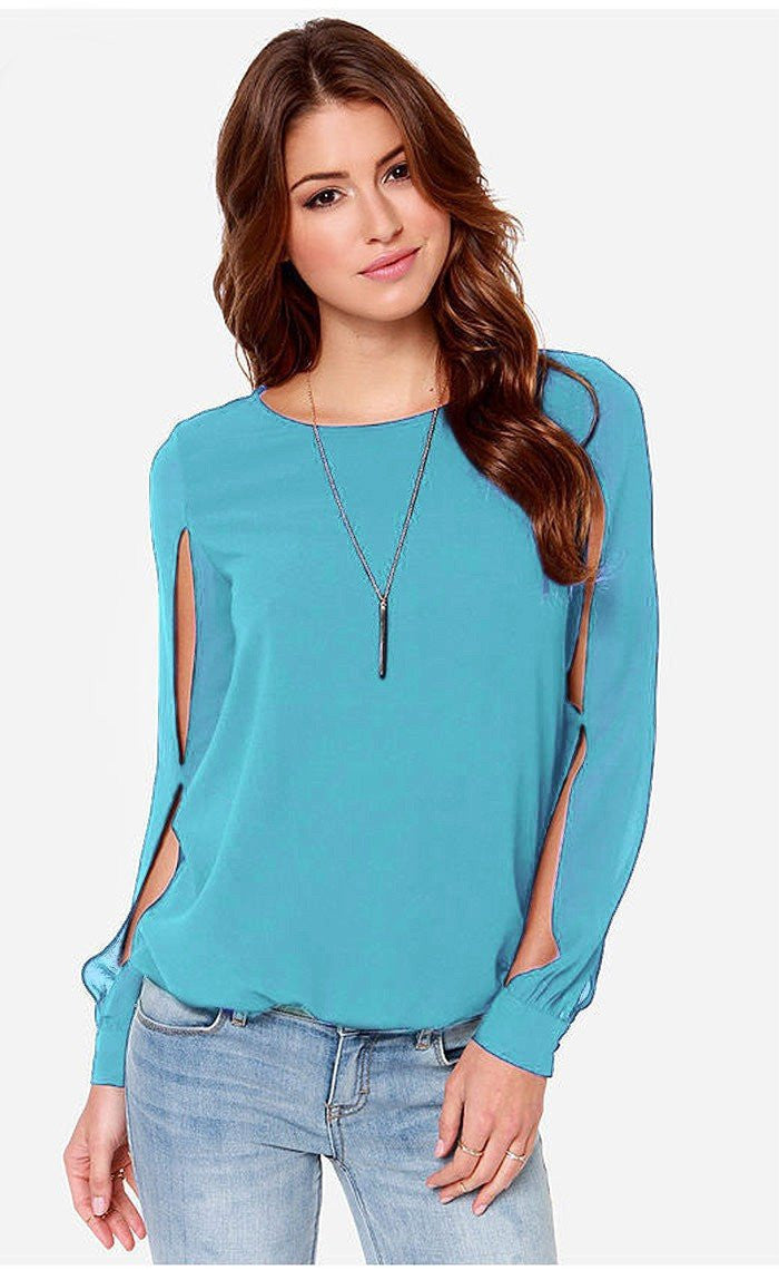 style Fashion Women O neck button long hole sleeve ladies tops chiffon shirts solid elegant Top casual blouse