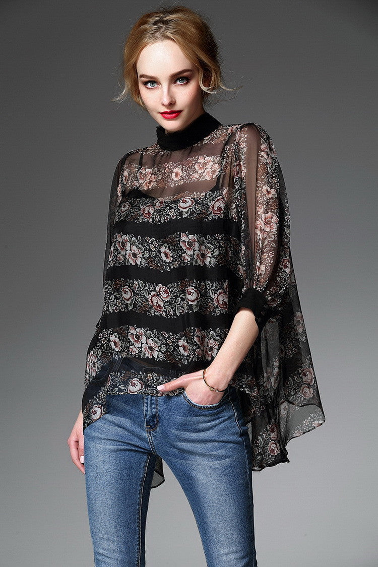 Online discount shop Australia - Europ Ladies Printing Shirts Big Size Woman Chiffon Blouse Lace Shirts Female Loose Silk Clothes (have vest)