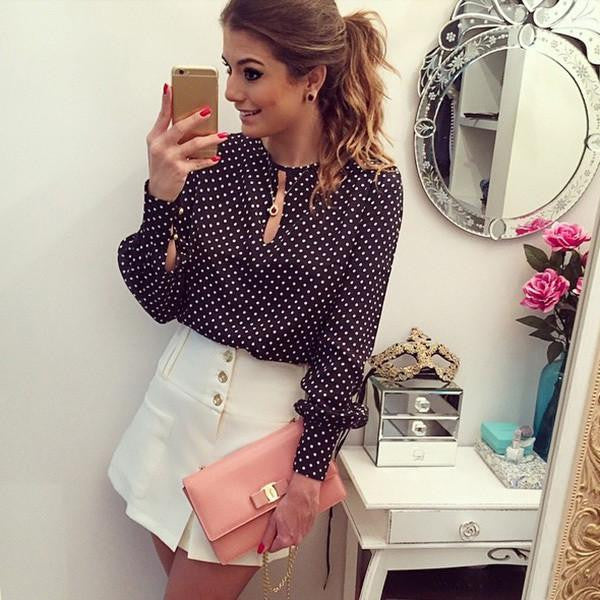 Women Casual Long Sleeve Blouses Chiffon Polka Dots Shirt Tops Fashion On