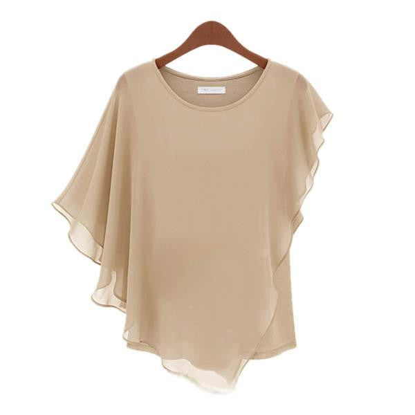 Women Short Sleeve Bat Loose Chiffon Tops Asym Blouse