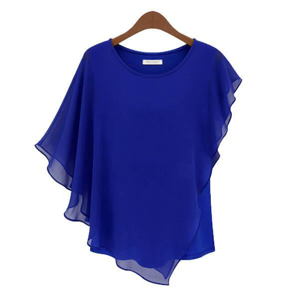 Women Short Sleeve Bat Loose Chiffon Tops Asym Blouse