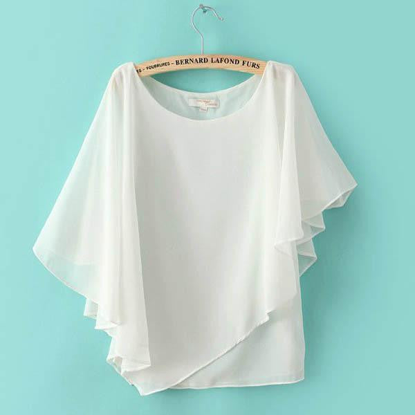Women Short Sleeve Bat Loose Chiffon Tops Asym Blouse