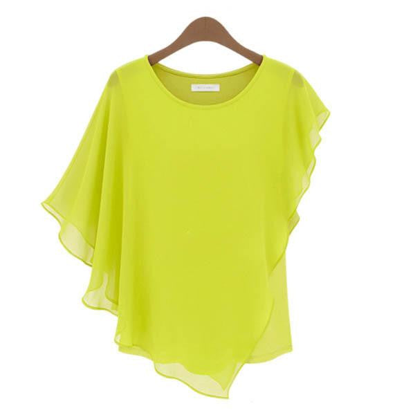 Women Short Sleeve Bat Loose Chiffon Tops Asym Blouse