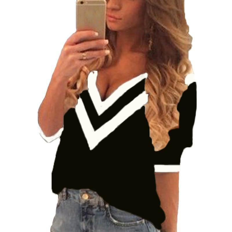 Women Tee Tops Casual Deep V Neck Splicing Blouses Ladies Loose 3/4 Sleeve Shirts US Plus Size Pullover