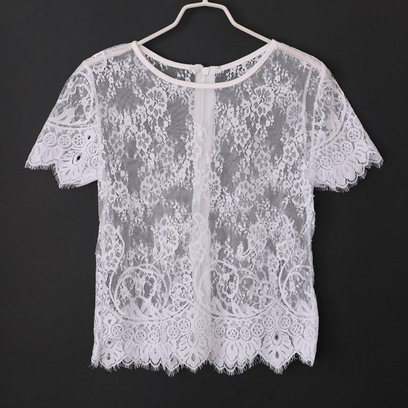Women Short Sleeve V Neck Vintage Lace Blouse Hollow Out Zipper Back Crop Top Clubwear