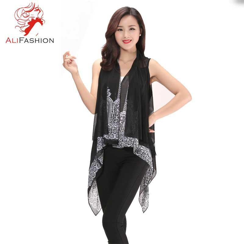 Women Irregular Print Blouse Chiffon Coat Shawl Cardigan Blouse Casual Female Women Tops
