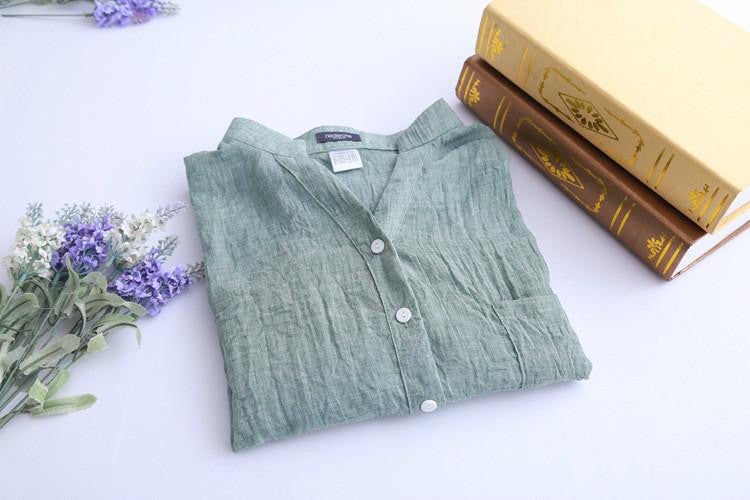 Online discount shop Australia - Women's Fashion Women Blouse Solid Button Linen  V-Neck Causal Women Blouse