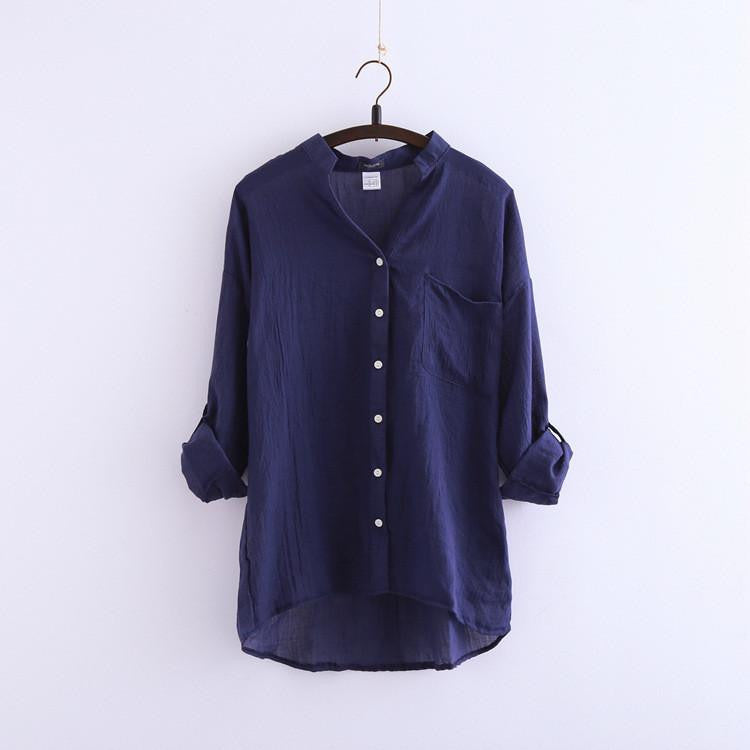 Online discount shop Australia - Women's Fashion Women Blouse Solid Button Linen  V-Neck Causal Women Blouse