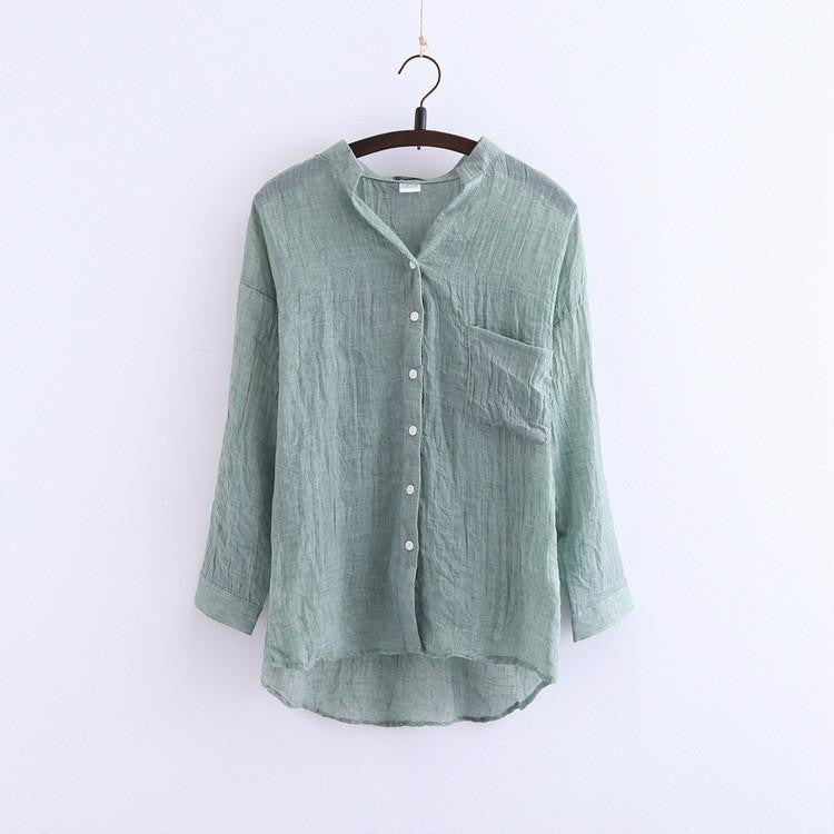 Online discount shop Australia - Women's Fashion Women Blouse Solid Button Linen  V-Neck Causal Women Blouse