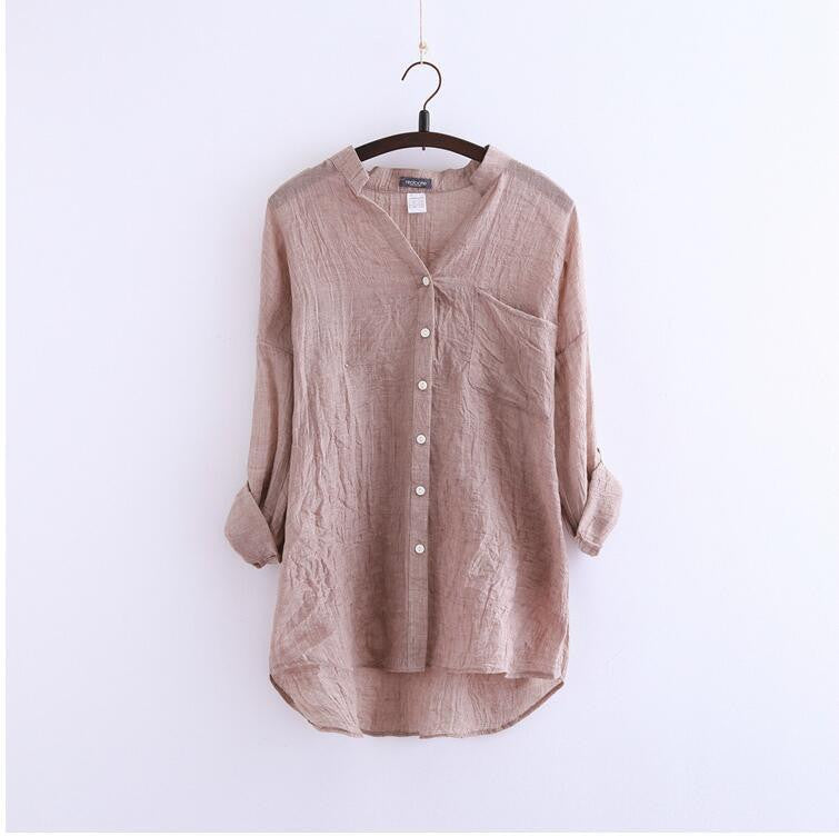 Online discount shop Australia - Women's Fashion Women Blouse Solid Button Linen  V-Neck Causal Women Blouse