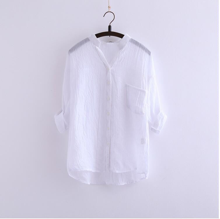 Online discount shop Australia - Women's Fashion Women Blouse Solid Button Linen  V-Neck Causal Women Blouse