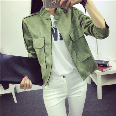 Ladies Soft Suede Jacket Women Vintage Faux Leather casual short Army Green Pink Outwear Tops Slim Wear