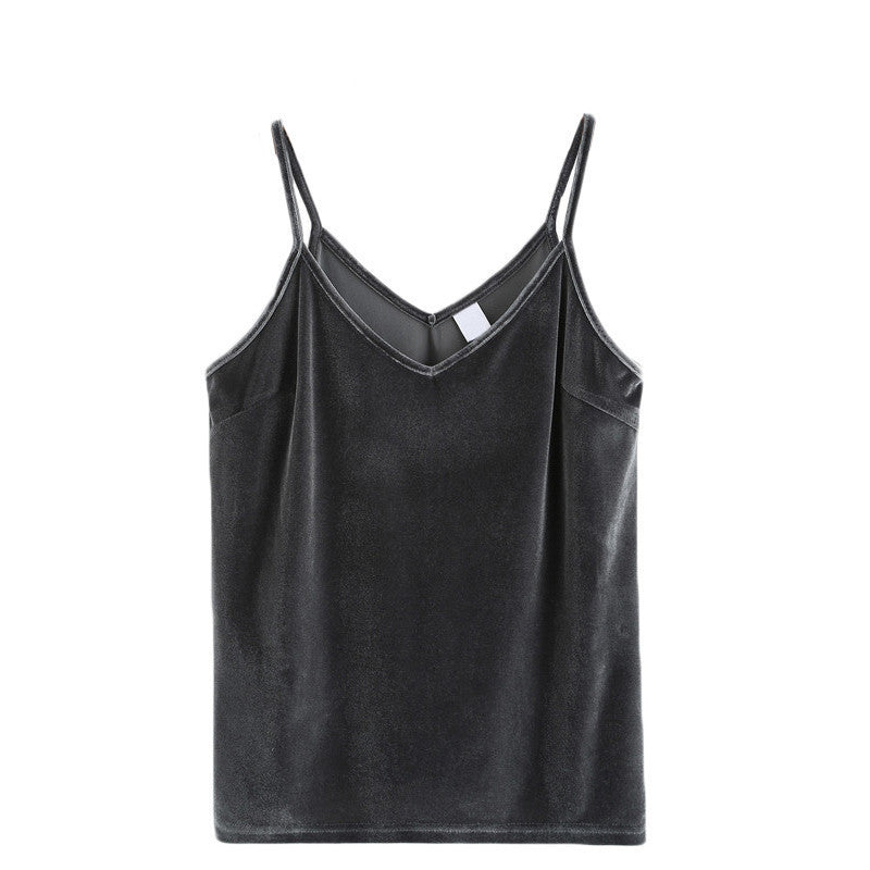 Online discount shop Australia - Ladies Tops   Spaghetti Strap Camisole Women   Vest Grey Velvet Basic Sexy Hollow Back Cami Top