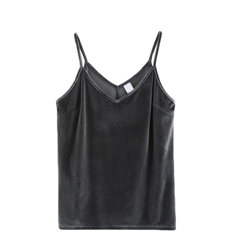 Online discount shop Australia - Ladies Tops   Spaghetti Strap Camisole Women   Vest Grey Velvet Basic Sexy Hollow Back Cami Top