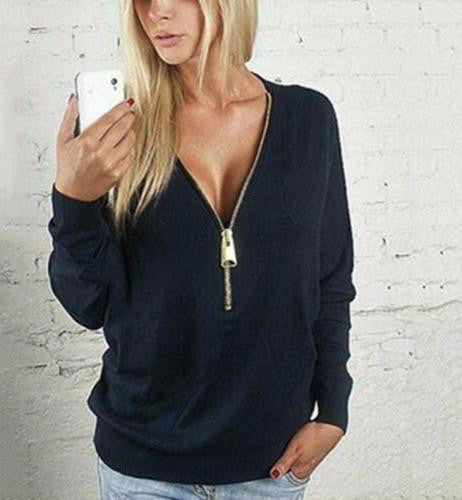 Women Deep V Zip Long Sleeve Tops Pullover Sweatshirt Jumper Jacket Coat