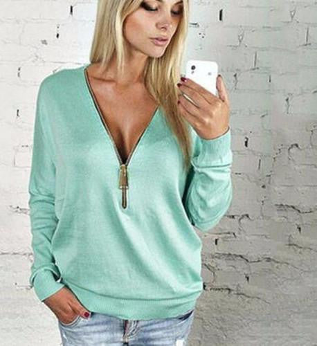 Women Deep V Zip Long Sleeve Tops Pullover Sweatshirt Jumper Jacket Coat