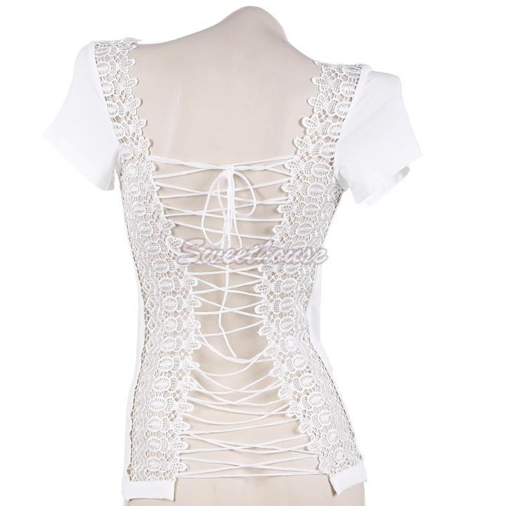 Backless T Shirt Women Lace Clubwear Shirts Splicing Tops Women T-Shirt Black White Short Sleeve Tshirt