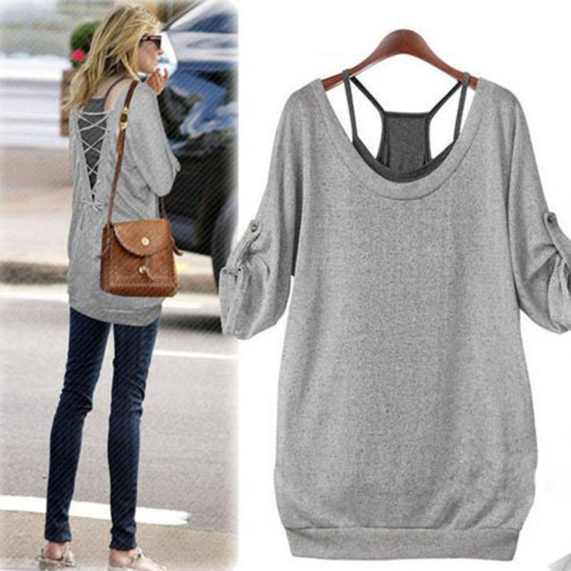 Fashion Ladies Women Loose Cotton Long Sleeve Back Hollow T Shirt Tops Tees + Vest 2 Pcs Set