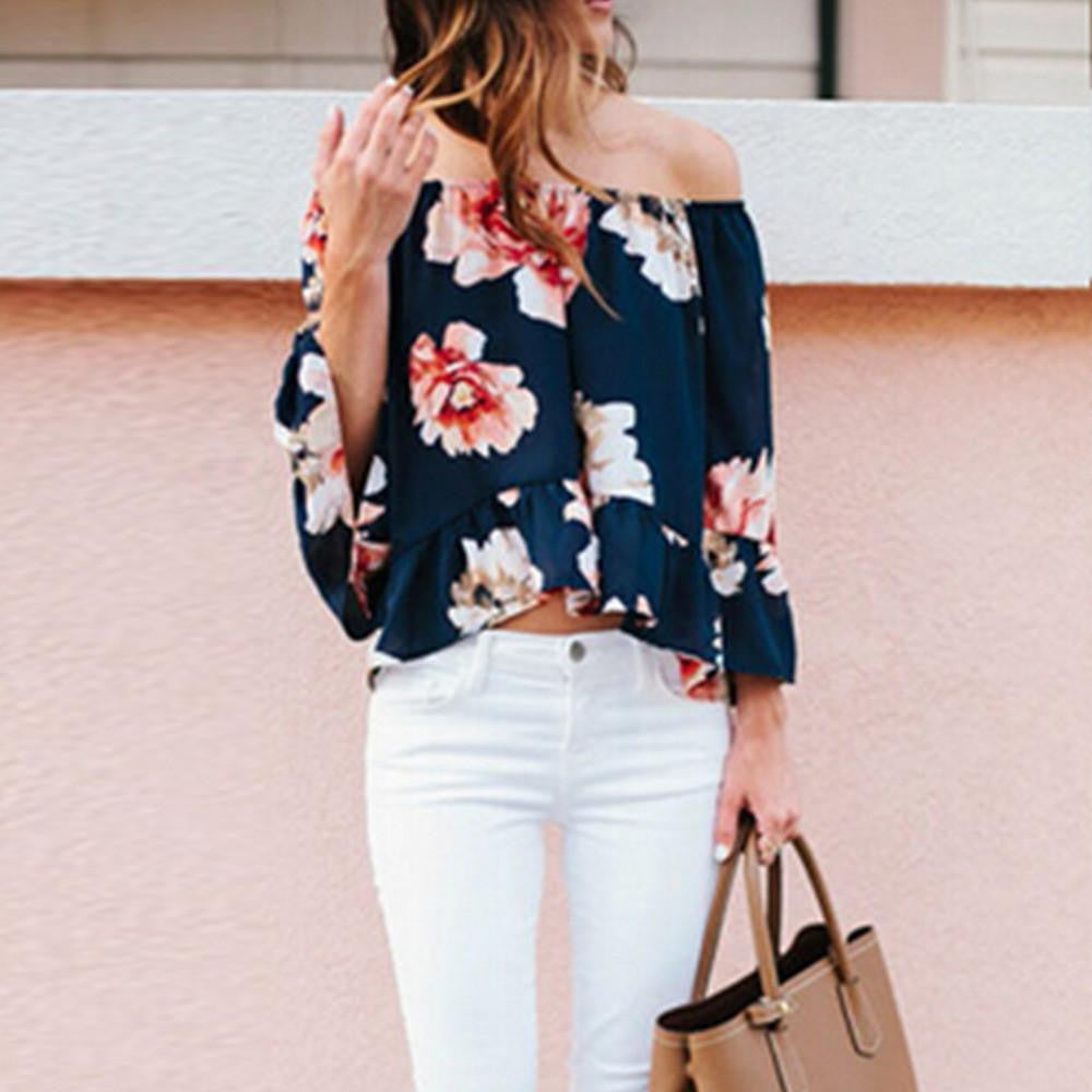 Women Chiffon Floral Print T Shirt Tops Slash Neck Off The Shoulder Casual Beach Plus Size Women Clothes
