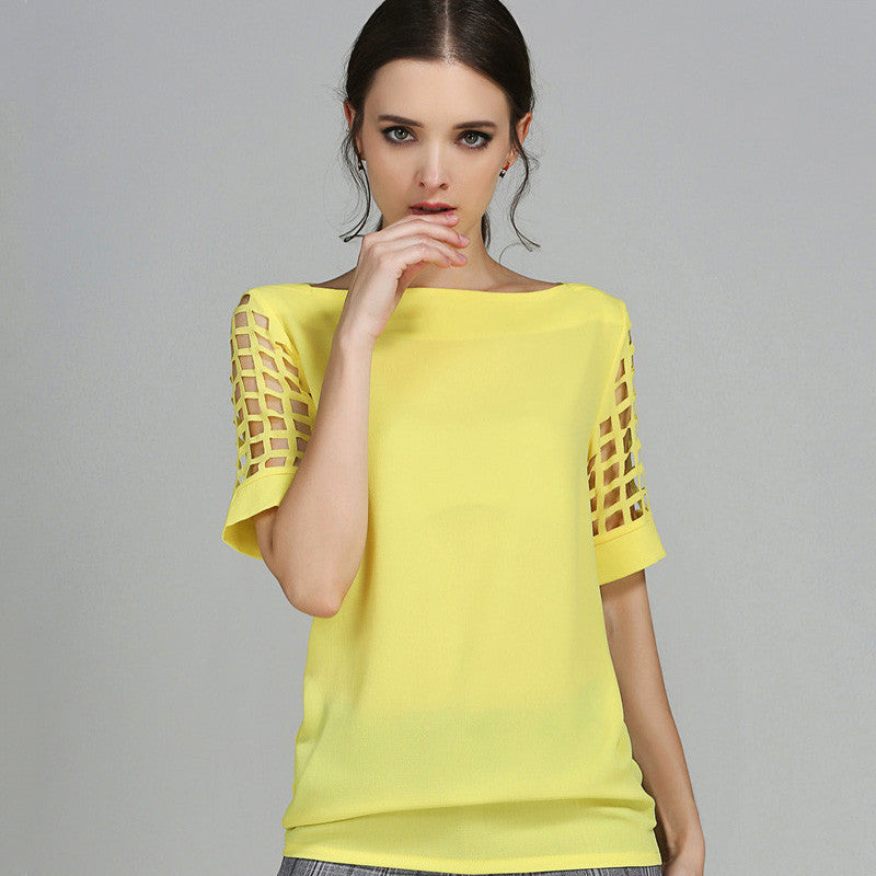 Online discount shop Australia - Candy Color Chiffon T Shirts Women O Neck Short Sleeve Tshirts Hollow out Casual Ladies Tops Woman Fashion Tees