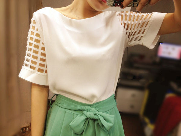 Online discount shop Australia - Candy Color Chiffon T Shirts Women O Neck Short Sleeve Tshirts Hollow out Casual Ladies Tops Woman Fashion Tees