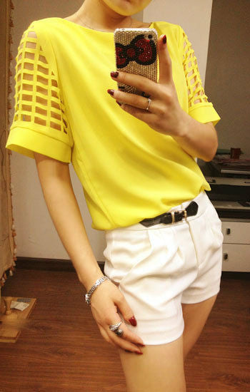 Online discount shop Australia - Candy Color Chiffon T Shirts Women O Neck Short Sleeve Tshirts Hollow out Casual Ladies Tops Woman Fashion Tees