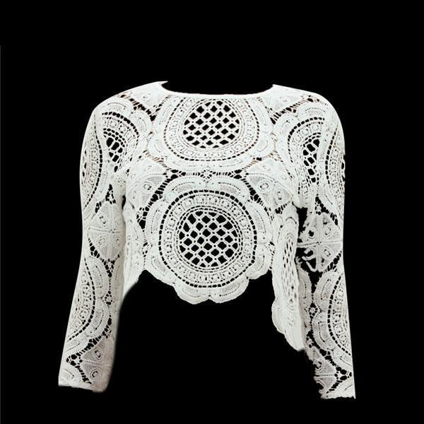 Women Lace Hollow Crop Tops Long Sleeve Shirts Zipper Tops