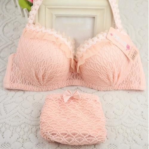 Women Bra Set Adjustable Strap Ruffle Push-Up 3/4 Cup Lace Underwear Bra Set 32-36 B
