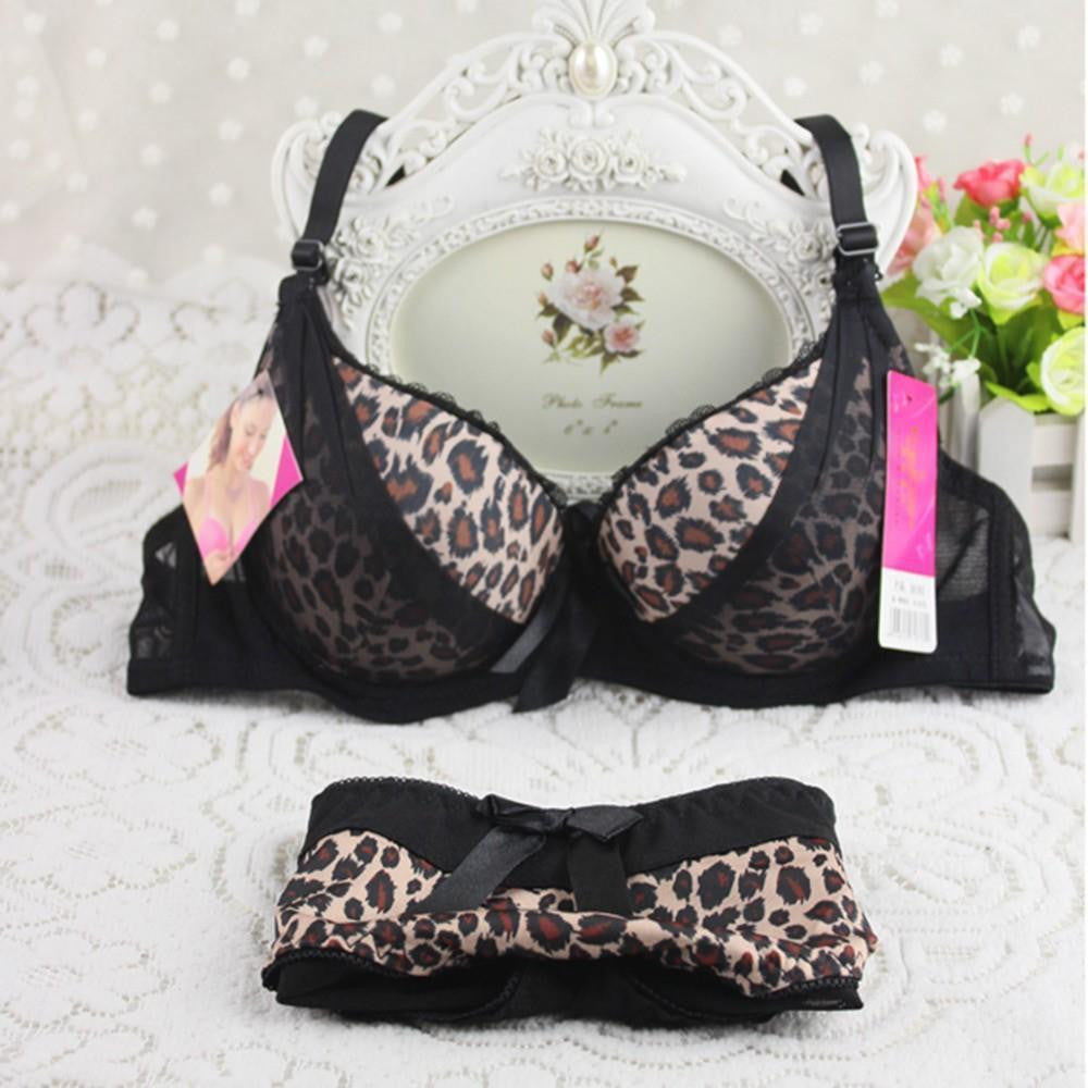 V-neck Women's Secret Lace Edge Leopard Print Uderwear Push Up Bra Set