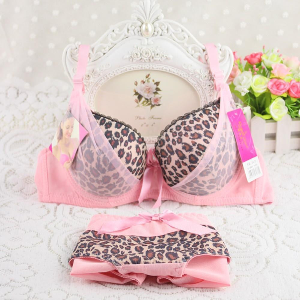 V-neck Women's Secret Lace Edge Leopard Print Uderwear Push Up Bra Set