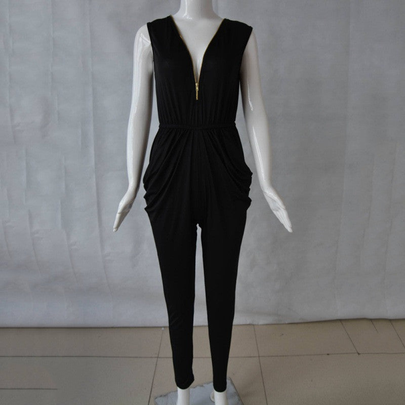 Women's Deep V Neck Bandage Bodycon Clubwear Black Playsuit Sleeveless Casual Long Romper Party Jumpsuit