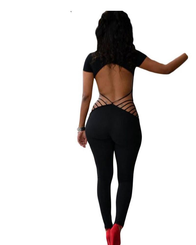 women Backless Jumpsuits Short Sleeve Tight-fitting Jumpsuit with Back Cut Out