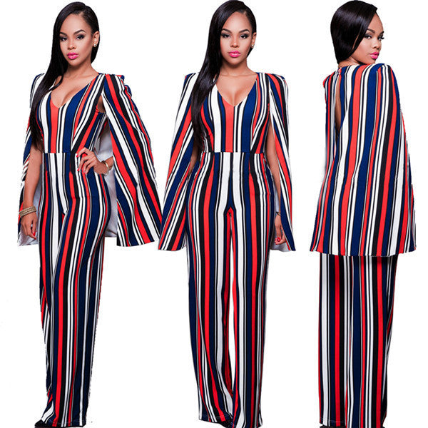 Online discount shop Australia - FASHION V-Neck Sleeveless Cape Rompers Womens Jumpsuit High Waist Backless Sexy Long Bodysuit Women Striped Overalls