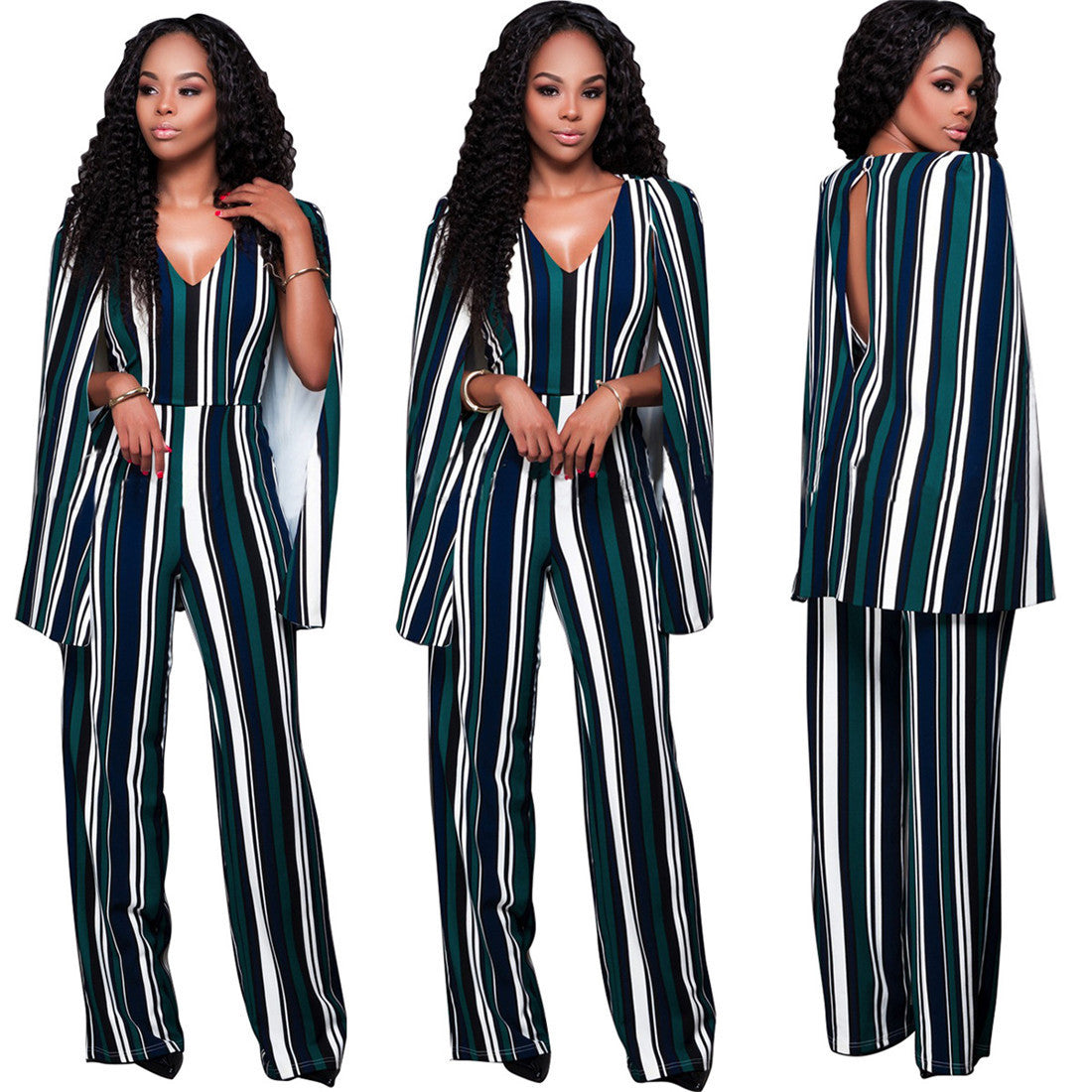 Online discount shop Australia - FASHION V-Neck Sleeveless Cape Rompers Womens Jumpsuit High Waist Backless Sexy Long Bodysuit Women Striped Overalls