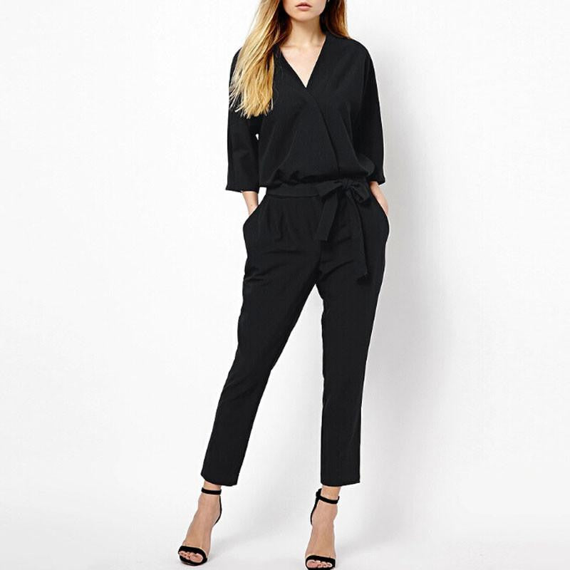 Womens Jumpsuits Bodysuit Style Half Sleeve V Neck Casual Elegant Ladies Long Romper Overalls
